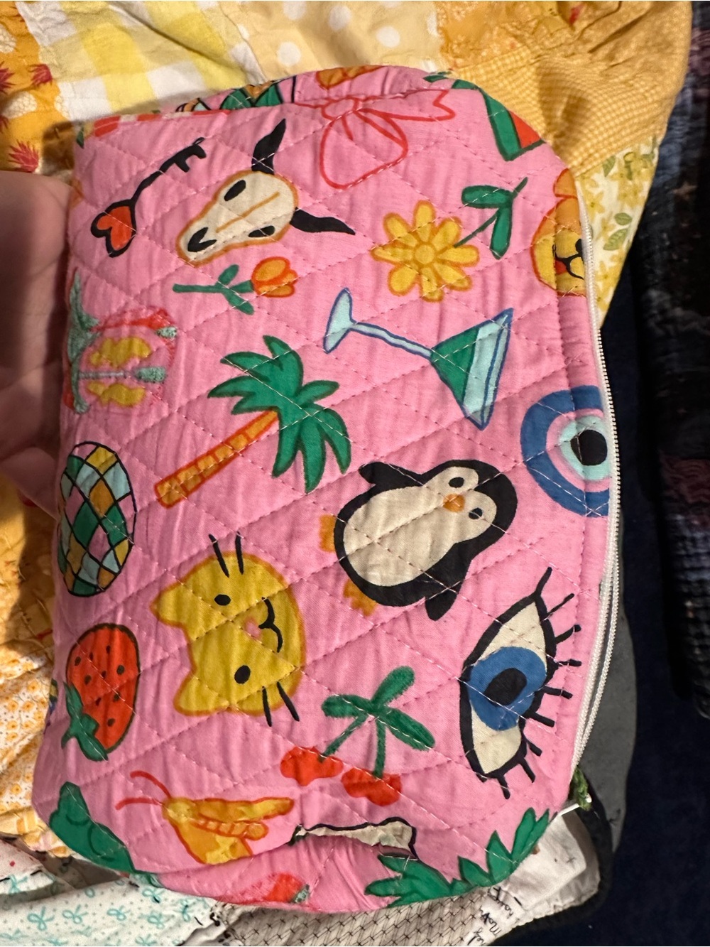 Quilted Pink Cosmetic Pouch with Playful Animal & Tropical Prints
